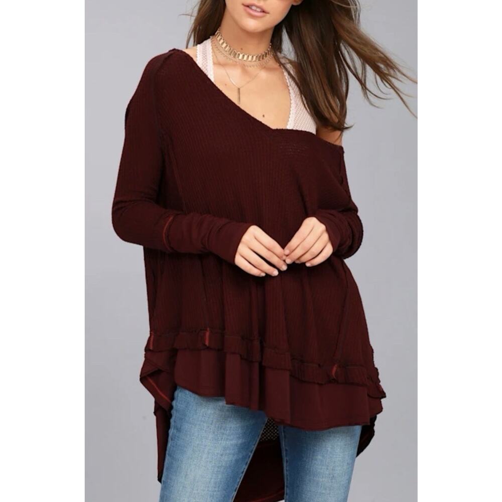 Free People Waffle Knit Tunic Long Sleeve Thumbholes V-Neck Pet S Top A003407